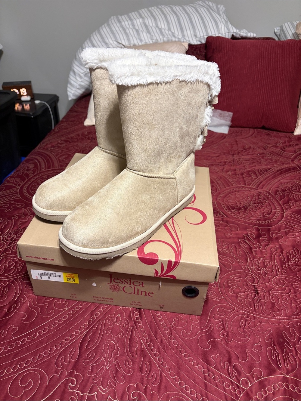 Jessica Cline Cream Faux-Suede Fur-Trim Ankle Boots